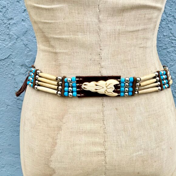 Western Leather Beaded Belt In Small Vintage Southwestern Festival Accessory main image 7